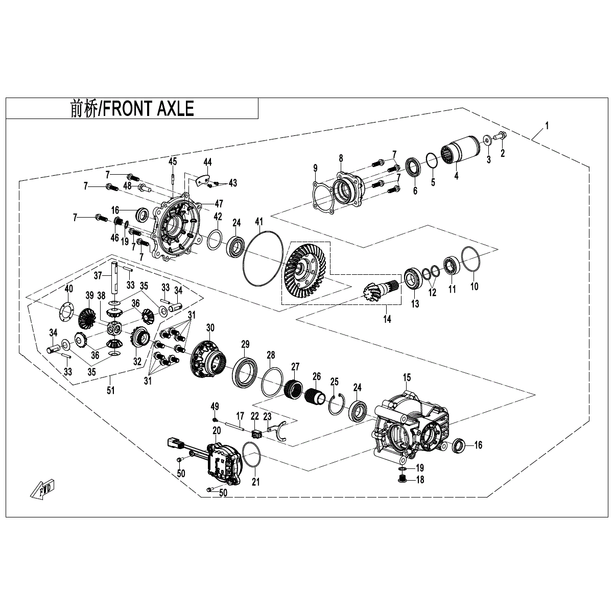 An Image of a genuine CFMOTO Parts Schematic Diagram showing the group - FRONT AXLE - 2025 CFMOTO CFORCE 800 TOURING