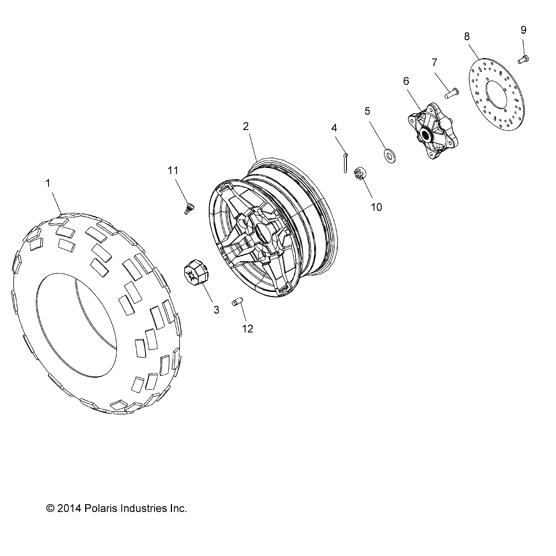 An Image of a Genuine Polaris Parts Schematic Diagram showing the schematic - WHEELS: FRONT TIRE and BRAKE DISC - 2016 POLARIS SPORTSMAN TOURING 570 SP