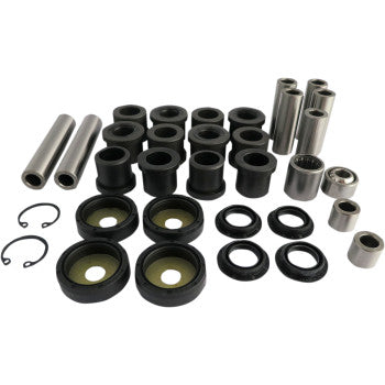The Rear Independent Suspension Repair Kit by Epi features assorted metal bushings, bearings, sleeves, seals, and snap rings neatly arranged on a white background for vehicle suspension repairs.
