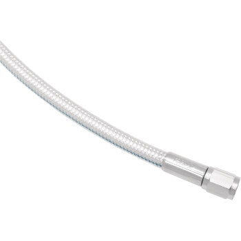 A close-up of the Brake Line 19 Sterling Chromite II by Magnum Shielding, a flexible braided metal hose with a hexagonal fitting and durable PTFE tubing, set against a white background.