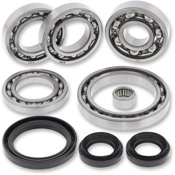 The Can Am Differential Bearing Seal Kit Rear by Moose Offroad features quality bearings and black rubber seals, neatly arranged in rows on a white background.