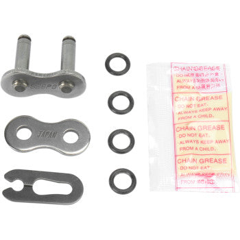 The 525 O-Ring Series Clip Connecting Link by Parts Unlimited includes a replacement link, four washers, a metal tool, and a “CHAIN GREASE DO NOT EAT” packet, all arranged neatly on a white background.