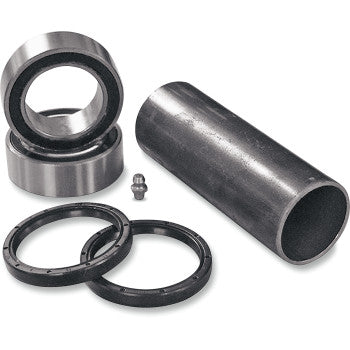 The Carrier Rebuild Kit Super Twin by Lone Star Racing includes two metal bearings, two black seals, a cylindrical metal sleeve, and a small metal fitting, perfect for LSR Super Twin Carrier rebuilds. All parts are displayed on a white background.