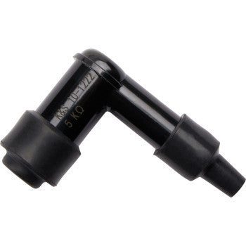 The Moose Offroad Spark Plug Resistor Cover 90° Elbow Type is a black, L-shaped cap with ridged rubber ends, alphanumeric markings, and waterproof caps for enhanced durability.