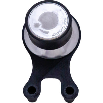 The Ambidextrous Mount - iOmount™ - Black by Klock Werks is a metal and black plastic magnetic device mount with two bottom holes and a circular, reflective top featuring iomounts.com.