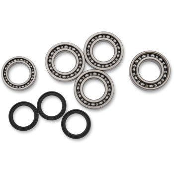 Six ball bearings and four black O-rings from the Polaris Differential Bearing Seal Kit Front by Moose Offroad are arranged on a white background. The EMQ bearings display visible metal balls, while the rubber seals are solid black circles.
