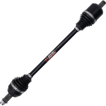 Black heavy-duty Can Am Defender front right axle with protective rubber boots and metal ends.
