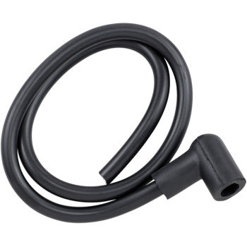 The Spark Plug Wire Assembly by Parts Unlimited is a coiled black rubber Hypalon wire, 7 mm x 18, featuring a right-angle spark plug boot—ideal for automotive and small engine applications.