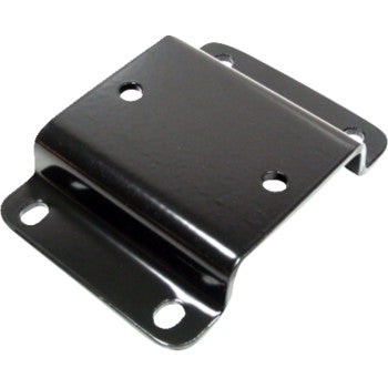 The 2 Hole Winch Mount Vertical Converter by Kfi Products is a black steel bracket with a 2-hole bolt pattern and four securing holes. Its bent, raised center adds strength, making it ideal as an ATV winch mount.