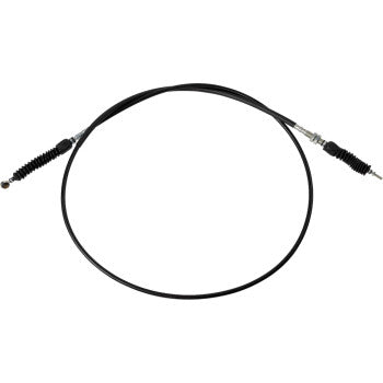 Black flexible UTV shifter cable with metal connectors and rubber protective boots on both ends.