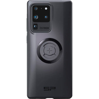 The SPC+ Phone Case Samsung Galaxy S20 Ultra by Sp Connect features a black design with a magnetic circular grip, multiple rear cameras in a rectangular module, and SP branding near the bottom for a sleek, functional appearance.