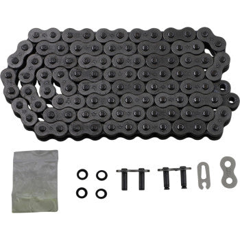 The 520 X1R3 Chain 98 Link by JT Chains is a coiled black metal motorcycle chain with O-rings, connecting pins, a metal clip, and a sealed packet, designed for offroad power transfer and shown on a white background.
