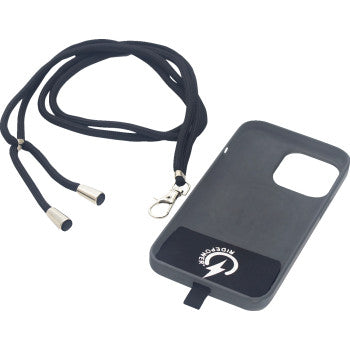 Black flexible phone case with lanyard tether, metal clip, and Ridepower logo on back panel.