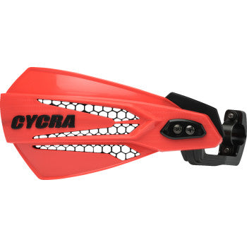 MX Race Hand Guards Red/Black by Cycra feature a honeycomb vent design, black mounting brackets, and impact-resistant construction. Designed for off-road motorcycles, they fit most MX enduro handlebars for reliable trail protection.