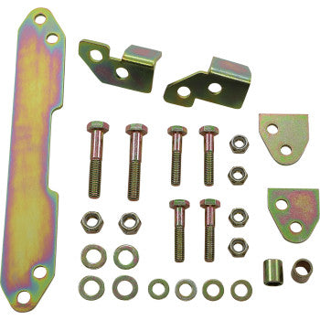 Rainbow-colored metal lift kit components including brackets, bolts, nuts, and washers arranged neatly on white background.