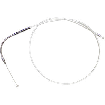 The Victory High-Efficiency Clutch Cable Black Pearl by Magnum Shielding features a coiled design, metal housing on one end, and a small cylindrical stopper on the other, shown against a white background.