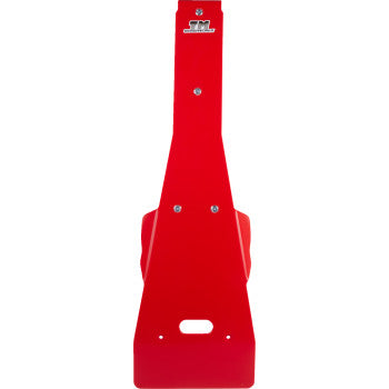 The Honda TRX Skid Plate Red by T.M. Designworks features a composite plastic rectangular base, three visible screws, a bottom cutout, and an embossed top logo—offering less friction and lighter weight than aluminum.