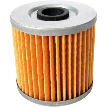 The Kawasaki Oil Filter by Emgo features orange pleated paper with metal end caps in a cylindrical design, shown at a slight angle on a white background, providing optimal engine protection.