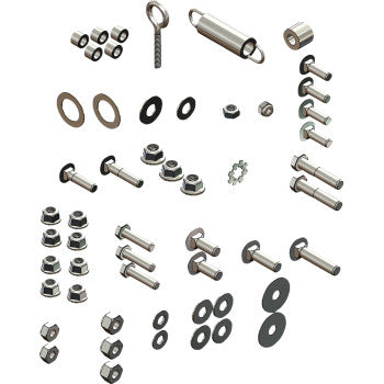 Manual lift hardware kit with assorted silver metal bolts, nuts, washers, eye bolt, and spring components arranged on a.