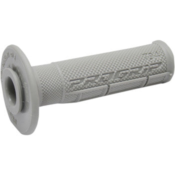 The 794 Single Density MX Grips Gray by Pro Grip features a half waffle textured surface, “PROGRIP” embossed branding, fits 7/8" OD handlebars, and has a flared edge on one end with a cylindrical opening on the other.
