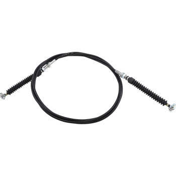 Black flexible Can Am UTV shifter cable with metal connectors and protective rubber boots on both ends.