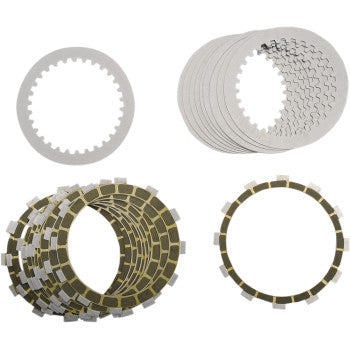 The Clutch Kit by Barnett includes aramid friction plates and tempered steel plates, grouped on a white background. Textured friction plates and smooth steel components deliver reliable performance.