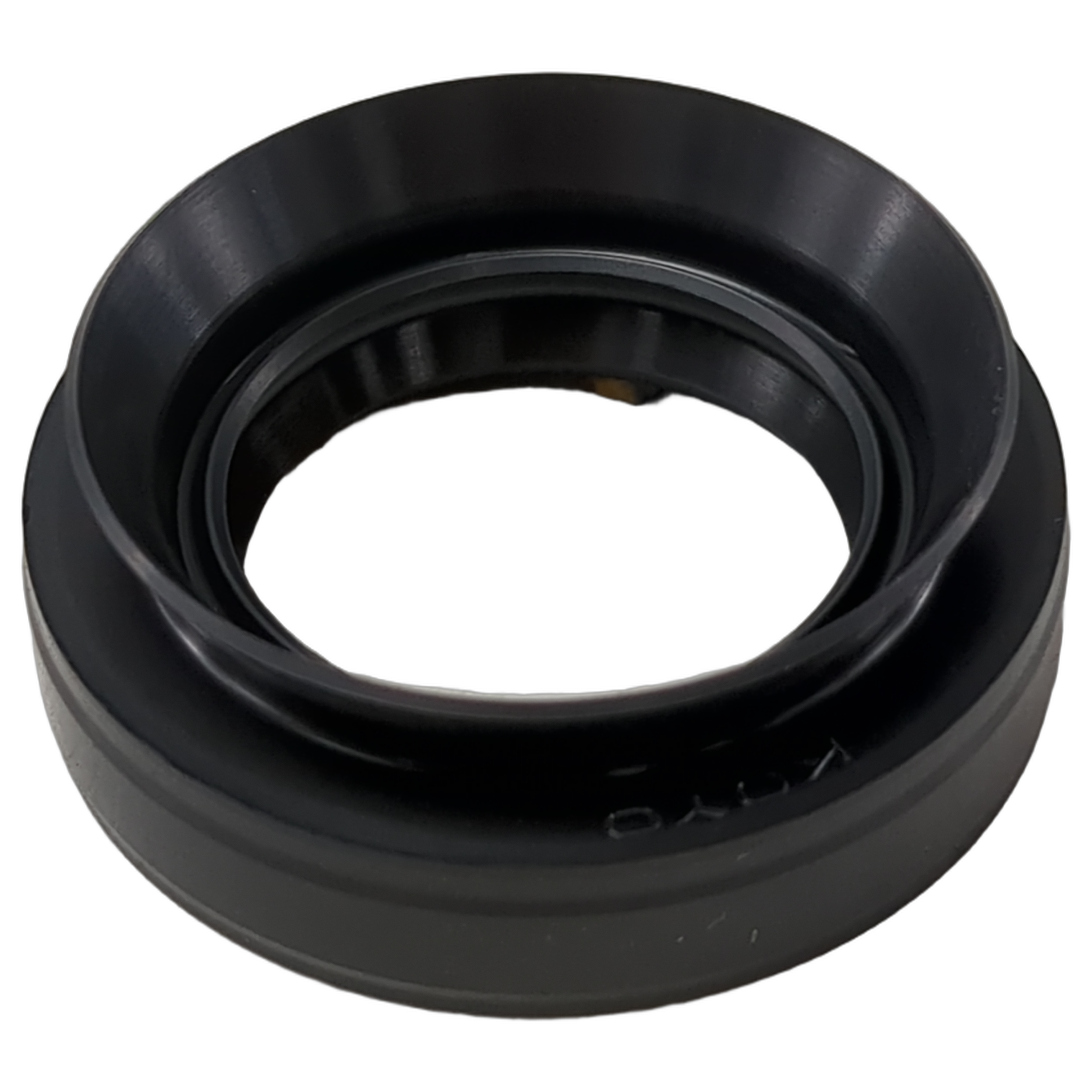 Black circular oil seal with inner lip and smooth outer surface designed for Yamaha engines.