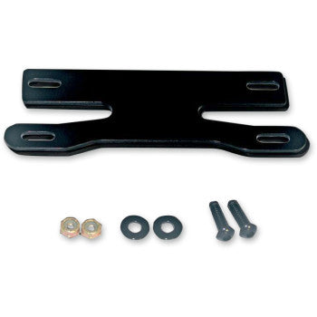 The License Plate Mount Universal by Custom Dynamics is a gloss black aluminum motorcycle bracket with four elongated holes, shown with included mounting hardware—two bolts, washers, and nuts—displayed on a white background.