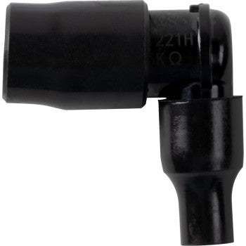 The Spark Plug Cap 90° 10 12 mm by K&S Technologies is a black, right-angle cylindrical boot with a smooth surface, designed for automotive and engine use to connect ignition wires to spark plugs or coils.