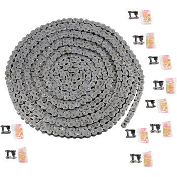 The 520 MAX X Bulk Chain 25 Feet by RK, a durable coiled metal roller chain, is displayed with several connecting links and small accessory packs arranged neatly on a white background.