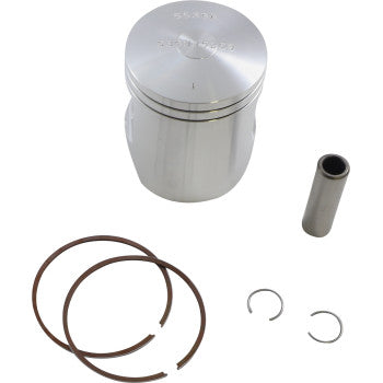 Silver cylindrical piston with smooth top, two brown piston rings, a silver wrist pin, and two small silver circlips.