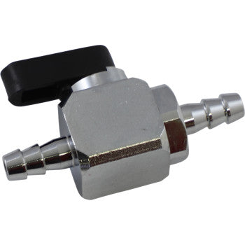The Helix In Line Fuel Valve 1/4" features barbed hose fittings on both ends and a black lever handle, making it a reliable replacement toggle switch for fluid flow control.