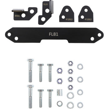 The Honda Lift Kit by Demon includes black metal mounting brackets (FLB1, RRB1, FSB1, FSB2) plus bolts, nuts, and washers—perfect for supporting larger tires and more ground clearance. All components are neatly arranged on a white background.