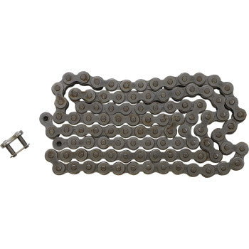 The 420 HDR Heavy Duty Drive Chain Steel 100 Links by JT Chains is shown laid out flat, with its master link connector positioned separately to the side.