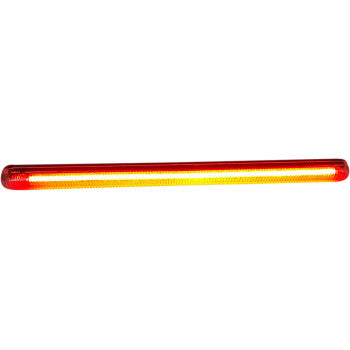 The LED Light Bar Low Profile Red by Custom Dynamics is a slim, horizontal 12V DC vehicle light with dual-intensity red LEDs on the edges and a bright yellow center, ideal for use as a brake or signal light.