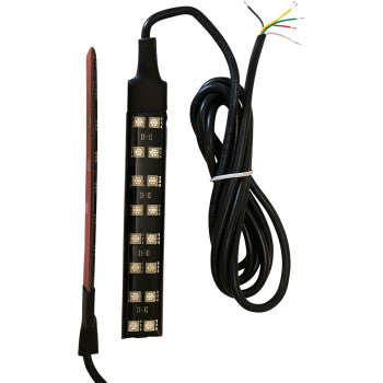 The Brite-Lites Flexible LED Taillight Strip 3 Wire features a black, flexible design with multiple SMD LEDs, a long cable with exposed colored wires, and includes an adhesive strip for easy installation.