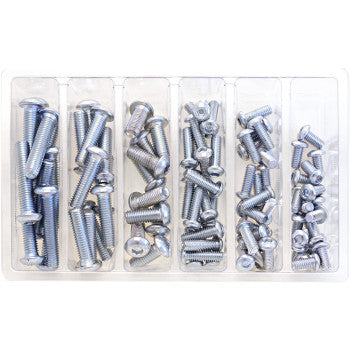 The Bolt Assortment Button Allen by Bolt features a plastic organizer tray with five compartments, each holding different sizes of silver metal button Allen screws and bolts, neatly arranged for easy selection.