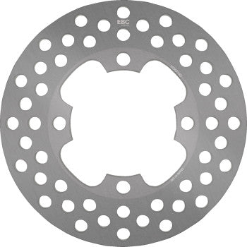 The Yamaha ATV Brake Rotor by EBC is a round, silver metal disc with multiple holes and four large cutouts near the center. It has an OEM design and features "EBC" printed at the top.