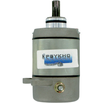 A silver cylindrical "Starter by Psykho" electric motor with a base mounting bracket, center label featuring PSYCHO and blue-white graphics, and a shaft emerging from the top—ideal as an OEM replacement motor.
