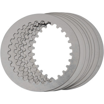 The Clutch Plate Kit Steel by Hinson Racing features silver steel clutch plates with internal teeth, designed for upright, staggered installation in mechanical or automotive assemblies, compatible with Hinson or OEM clutch baskets.