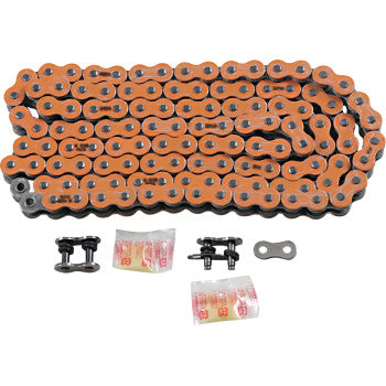The 520 Max X Chain 120 Links Orange by RK, featuring a coiled orange and black design, includes two connecting links, a metal clip, and two small packets—all displayed on a white background.