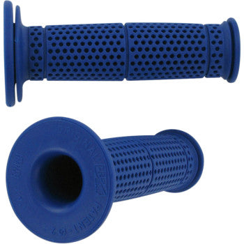 The Dual Sport 714 Rally Grips Blue by Pro Grip are shown with blue rubber, flared ends, and a dimpled texture for better grip. They fit 7/8 OD handlebars and work with twist throttles—ideal for enhanced control.
