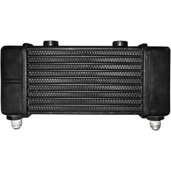 The Universal Oil Cooler - 10-Row - Gloss Black by Jagg Oil Coolers features horizontal cooling fins, dual bottom inlet/outlet fittings, and two top caps, making it ideal for versatile automotive applications.
