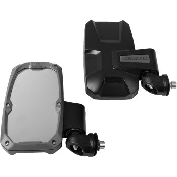 Pair of black rectangular side view mirrors with rugged plastic housing and adjustable mounting brackets.