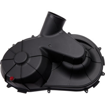 The Polaris Clutch Cover Outer by Moose Offroad is a black plastic bolt-on cover with a rounded, asymmetrical shape, top cylindrical tube, several ridges, and a small red cap in one corner.