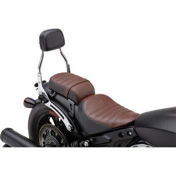 A close-up of a Bobber motorcycle’s rear section highlights brown leather seats, black frame, visible rear wheel, Cobra exhaust, and the Detachable Backrest - Chrome by Cobra.
