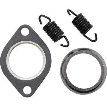 The Polaris Exhaust Gasket Kit by Moose Offroad includes a metal gasket, two black springs, and a round metal flange displayed on a white background.