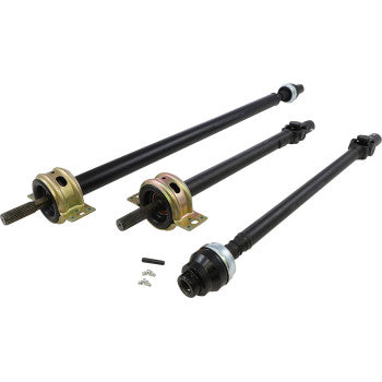 Three Complete Propeller Shafts by All Balls, featuring balanced driveline design and greaseable U-joints, plus mounting brackets and hardware, are arranged side by side on a white background.