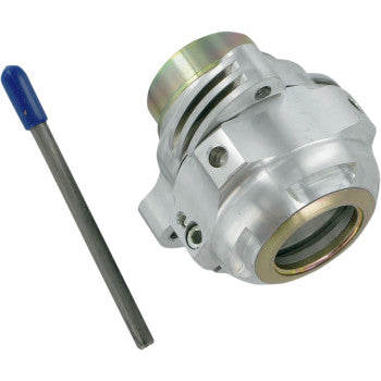 A Honda TRX Wheel Hub with Locknut Anti Fade Disc Brake by Lone Star Racing, made from billet aluminum and featuring a grooved cylindrical design, is displayed beside a metal rod with a blue cap on a white background.