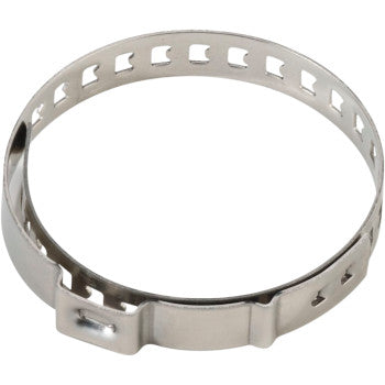 Silver metal circular clamp with perforated band and locking tab, 6 mm x 40 mm size.